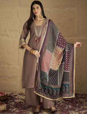 Ethnic Motifs Yoke Design V-Neck Straight Kurta With Palazzos & Dupatta 1