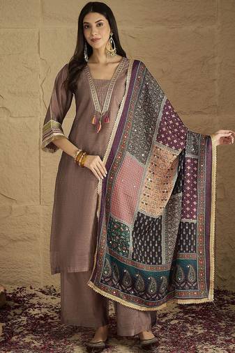 Ethnic Motifs Yoke Design V-Neck Straight Kurta With Palazzos & Dupatta