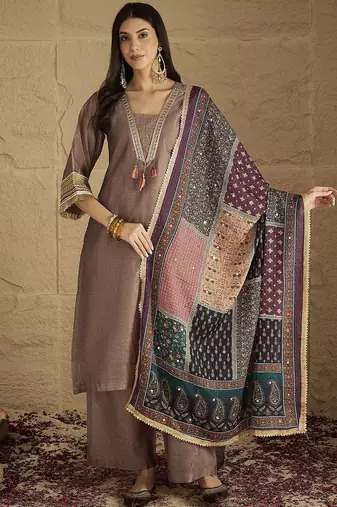 Ethnic Motifs Yoke Design V-Neck Straight Kurta With Palazzos & Dupatta