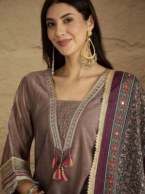 Ethnic Motifs Yoke Design V-Neck Straight Kurta With Palazzos & Dupatta 2
