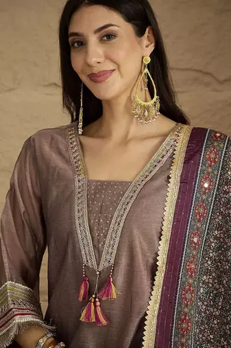 Ethnic Motifs Yoke Design V-Neck Straight Kurta With Palazzos & Dupatta
