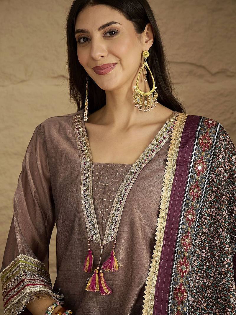 Ethnic Motifs Yoke Design V-Neck Straight Kurta With Palazzos & Dupatta