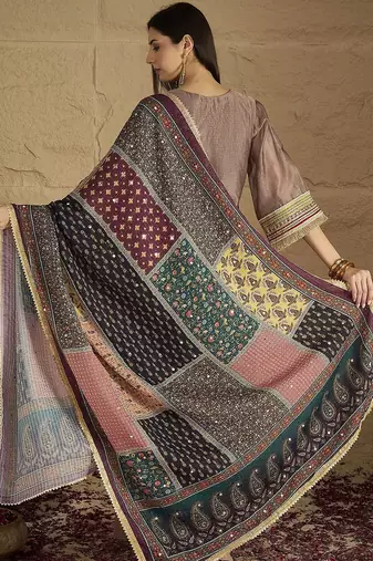 Ethnic Motifs Yoke Design V-Neck Straight Kurta With Palazzos & Dupatta