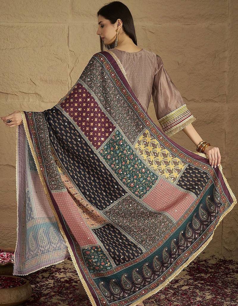 Ethnic Motifs Yoke Design V-Neck Straight Kurta With Palazzos & Dupatta