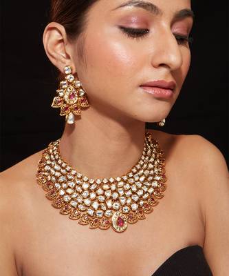Gold plated ruby red kundan necklace set 1