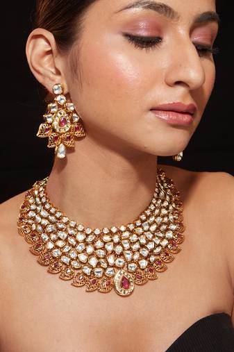 Gold plated ruby red kundan necklace set