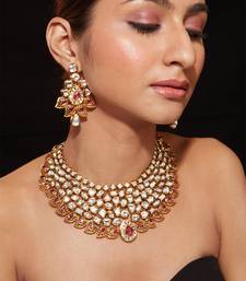 Gold plated ruby red kundan necklace set