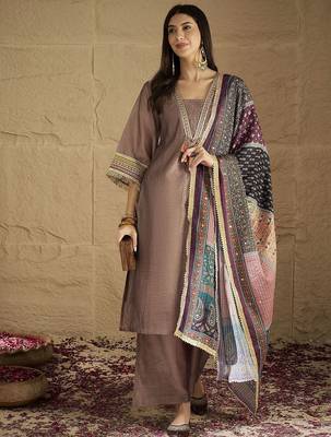 Ethnic Motifs Yoke Design V-Neck Straight Kurta With Palazzos & Dupatta 6