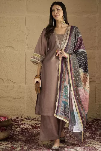 Ethnic Motifs Yoke Design V-Neck Straight Kurta With Palazzos & Dupatta