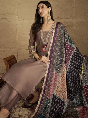 Ethnic Motifs Yoke Design V-Neck Straight Kurta With Palazzos & Dupatta 7