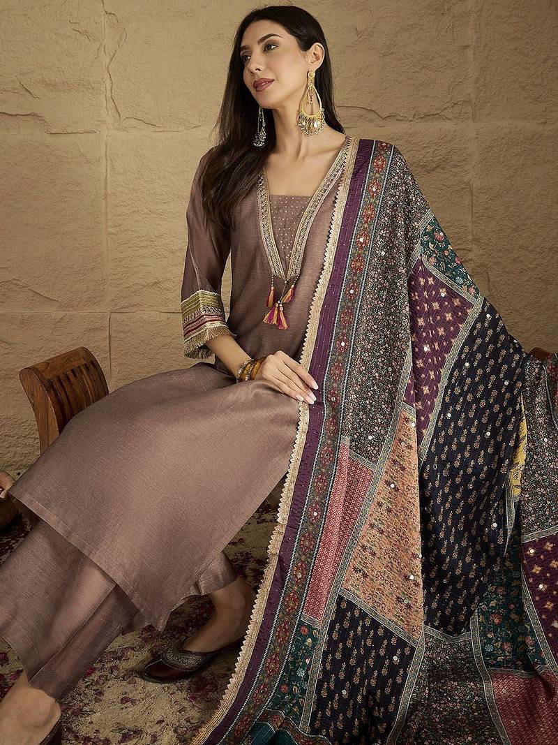 Ethnic Motifs Yoke Design V-Neck Straight Kurta With Palazzos & Dupatta
