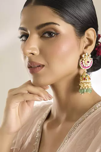 Yellow gold multicolor studded jhumkas