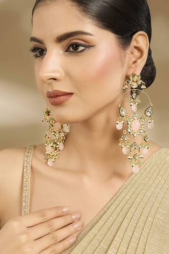 Gold plated baby pink stones chandbali earrings