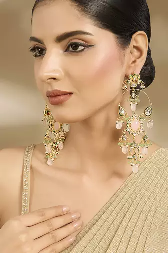Gold plated baby pink stones chandbali earrings
