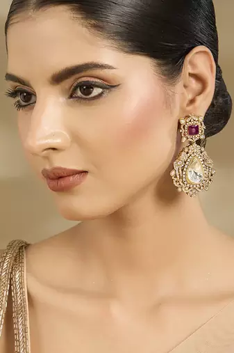 Gold plated ruby red teardrop danglers