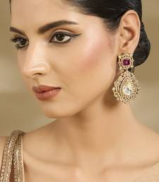 Gold plated ruby red teardrop danglers