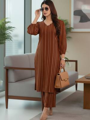 Women Striped Regular Silk Crepe Kurta with Trousers 1