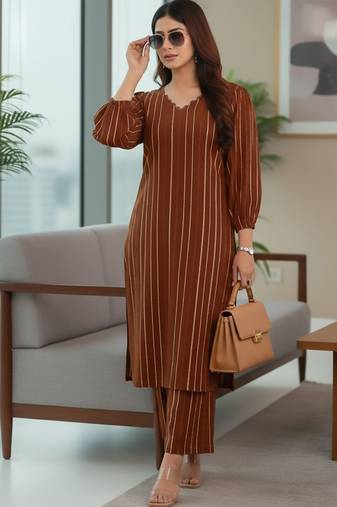 Women Striped Regular Silk Crepe Kurta with Trousers