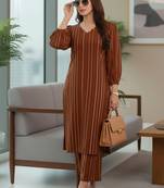 Women Striped Regular Silk Crepe Kurta with Trousers