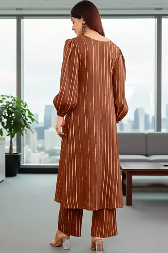 Women Striped Regular Silk Crepe Kurta with Trousers