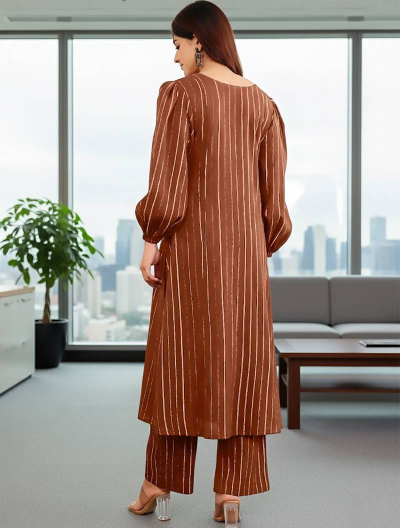 Women Striped Regular Silk Crepe Kurta with Trousers
