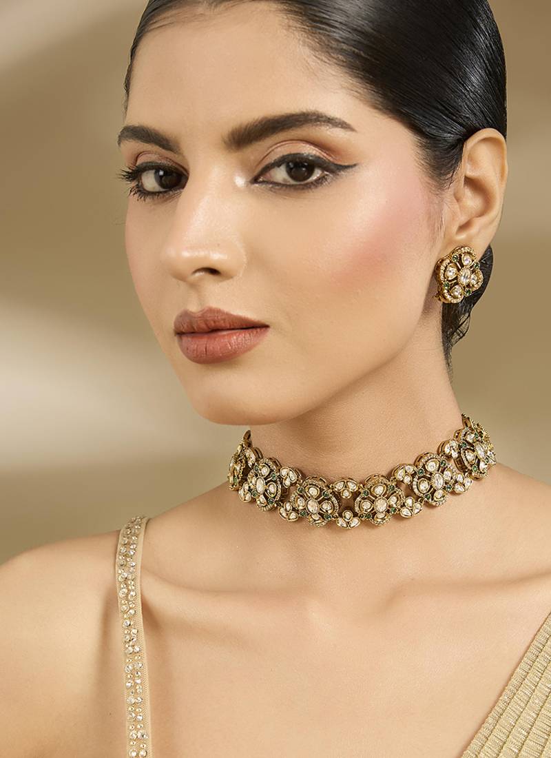Gold plated green floral choker set