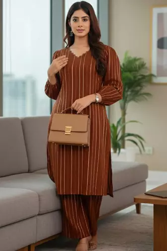 Women Striped Regular Silk Crepe Kurta with Trousers