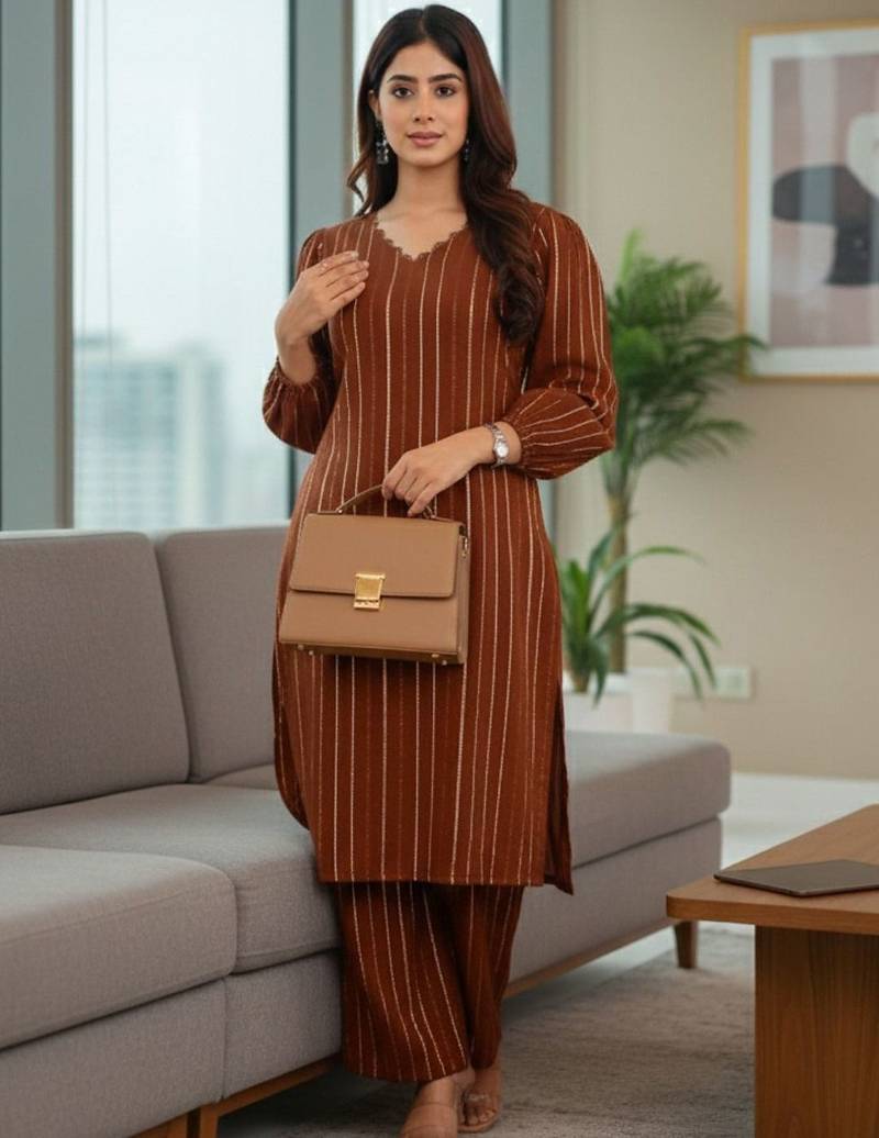 Women Striped Regular Silk Crepe Kurta with Trousers