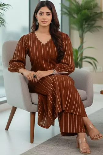 Women Striped Regular Silk Crepe Kurta with Trousers