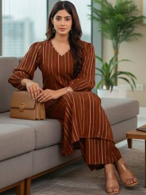 Women Striped Regular Silk Crepe Kurta with Trousers 6