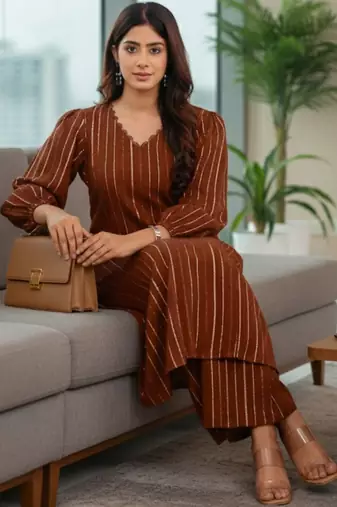 Women Striped Regular Silk Crepe Kurta with Trousers