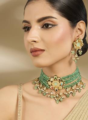 Gold plated mint green beaded choker set 1