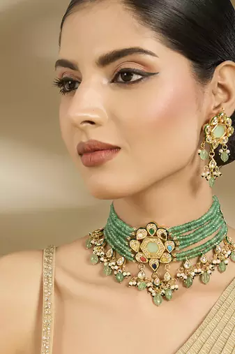 Gold plated mint green beaded choker set