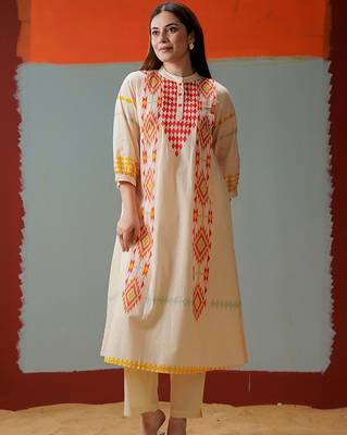 Cotton Print A Line Kurta With Solid Trouser 1