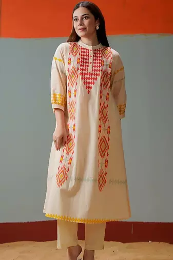 Cotton Print A Line Kurta With Solid Trouser