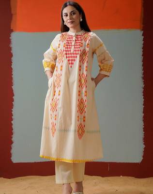Cotton Print A Line Kurta With Solid Trouser 2