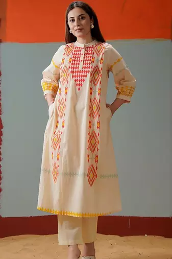 Cotton Print A Line Kurta With Solid Trouser