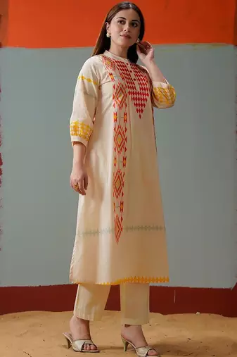 Cotton Print A Line Kurta With Solid Trouser