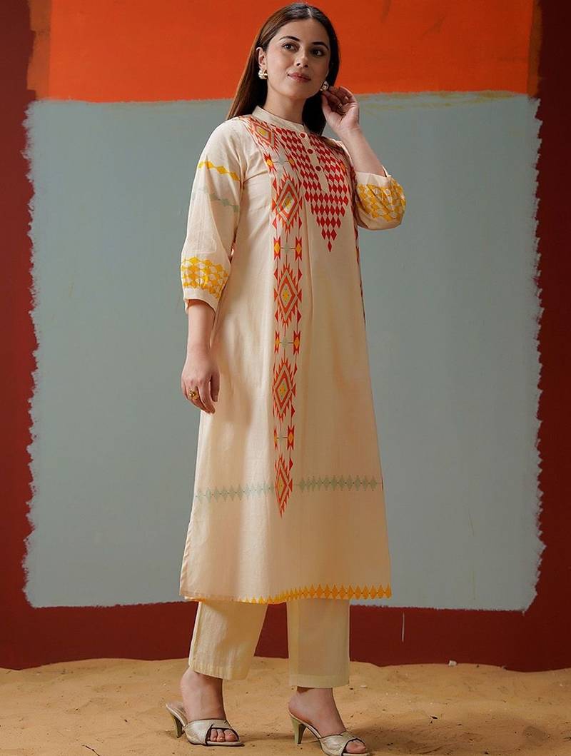 Cotton Print A Line Kurta With Solid Trouser