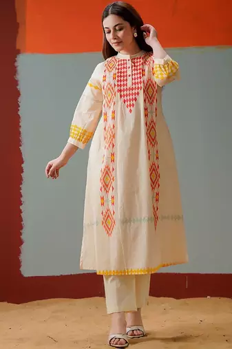 Cotton Print A Line Kurta With Solid Trouser