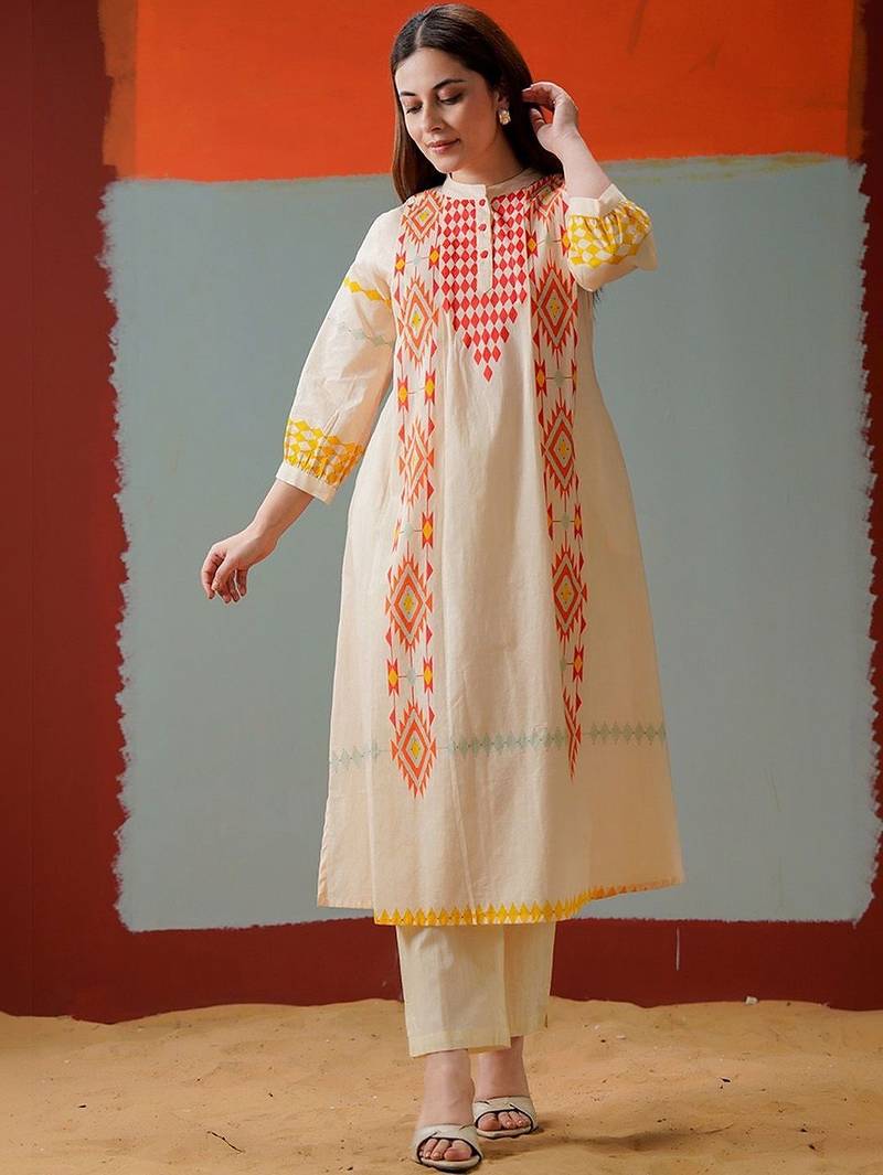 Cotton Print A Line Kurta With Solid Trouser