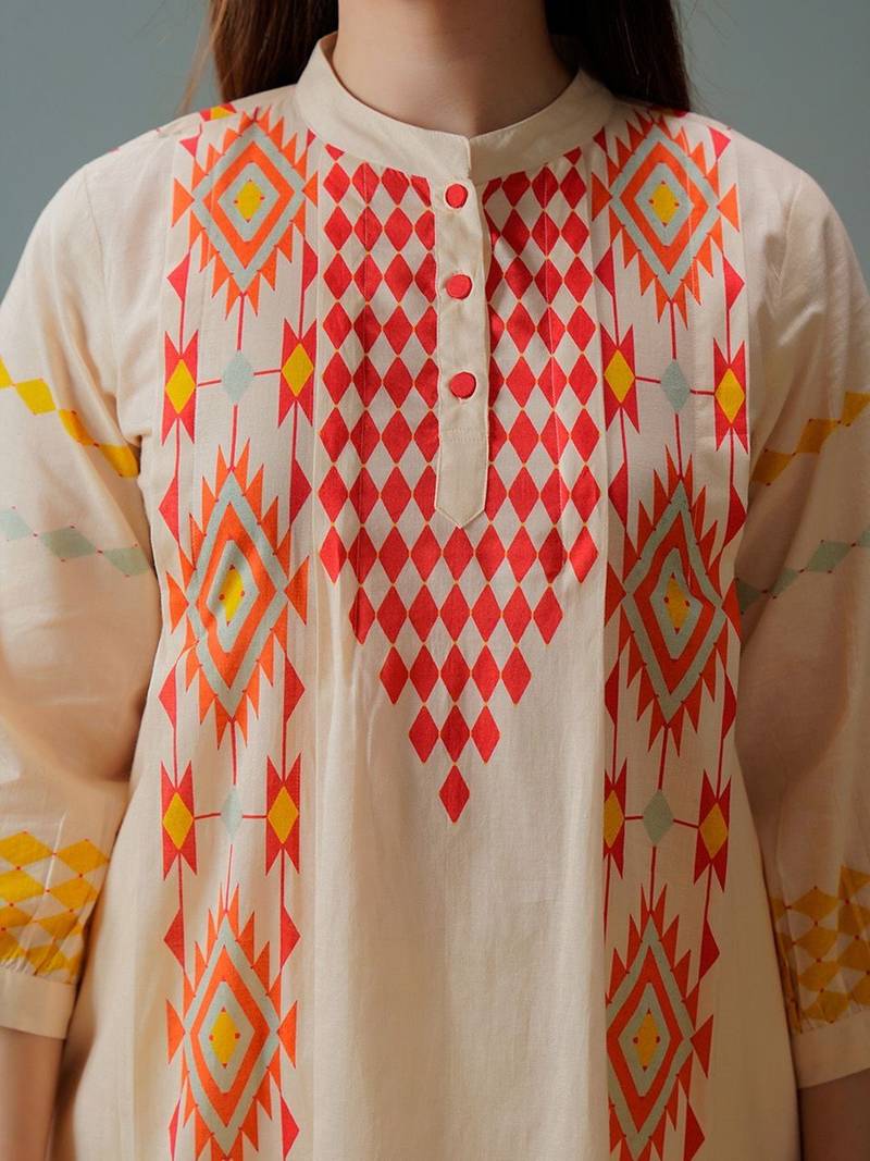 Cotton Print A Line Kurta With Solid Trouser