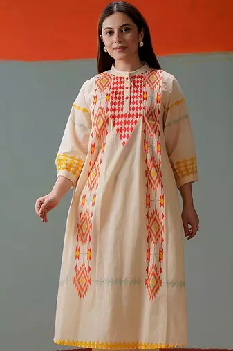 Cotton Print A Line Kurta With Solid Trouser
