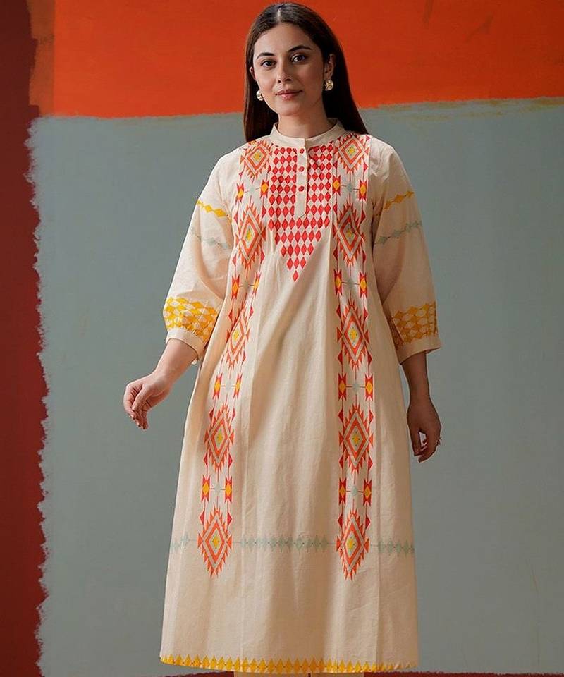 Cotton Print A Line Kurta With Solid Trouser
