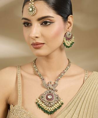 Gold plated green polki pendant necklace set 1
