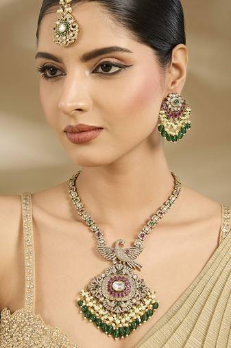 Gold plated green polki pendant necklace set