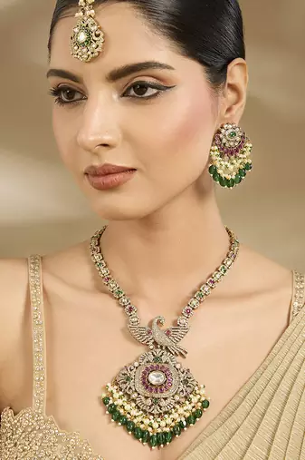 Gold plated green polki pendant necklace set