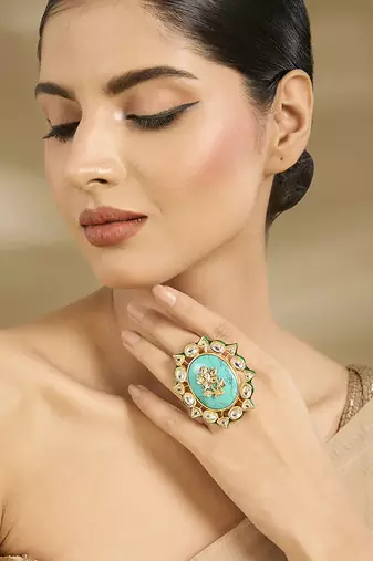 Gold plated turquoise stone kundan ring