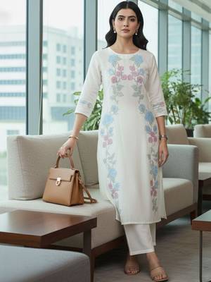 Women Floral Embroidered Regular Thread Work Kurta with Trousers 3