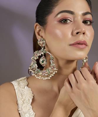 Gold plated multicolor polki chandbali earrings 1